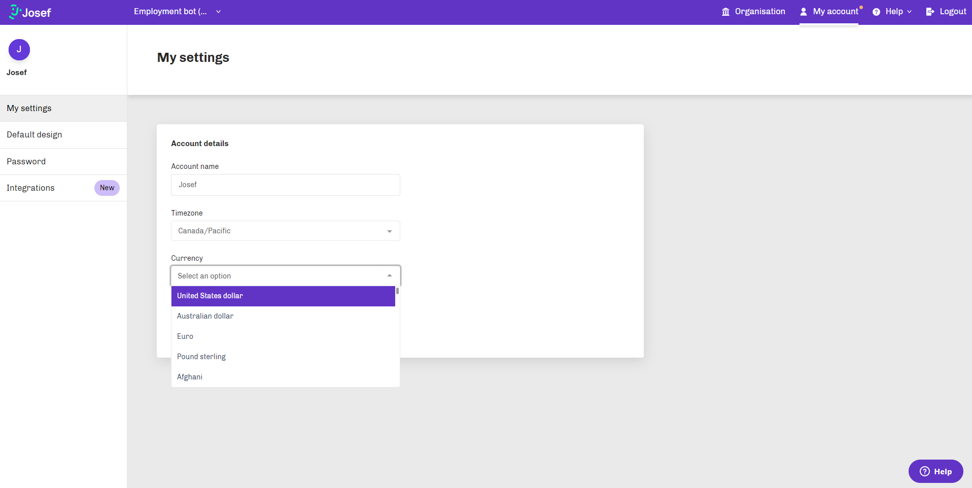 My account page in the Josef dashboard.png